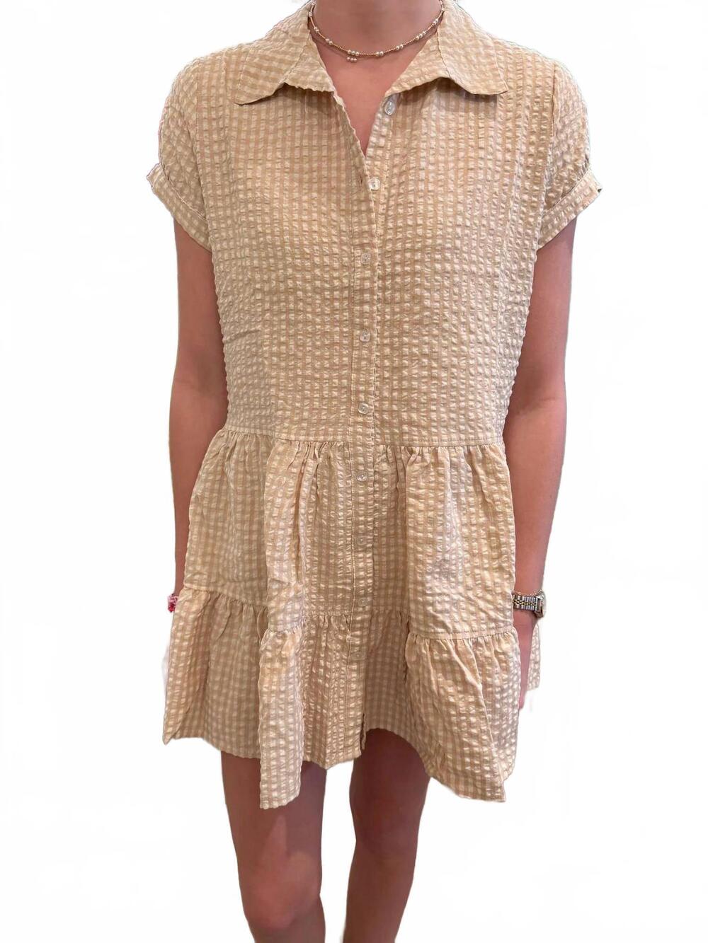 NEW STARKX brie cotton gingham mini dress in tan/white